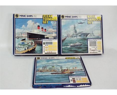 Three Minic ships, boxed harbour sets, Diecast by Hornby, 1:1200 scale, quayside, navel harbour set and ocean terminal set