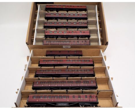 Ten LMS 00 gauge coaches for Hornby, one Lima, and five Bachmann