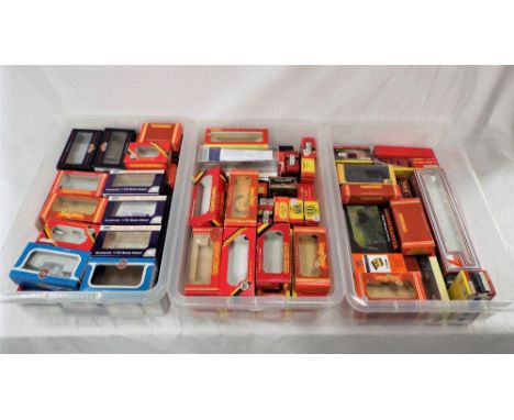 Three containers of empty railway boxes etc, mostly rolling stock, Hornby, Bachmann, Lilliput etc