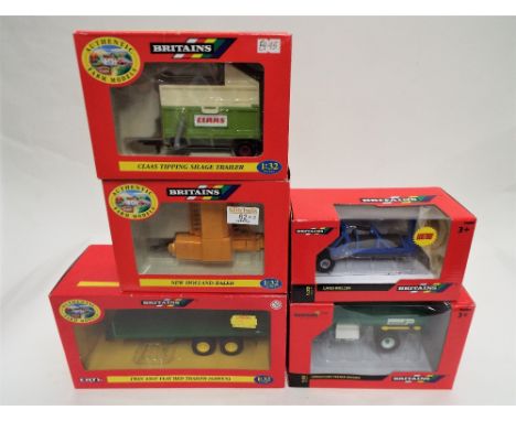 Five Britain's 1-32 scale farm models, New Holland baler 9556, feeder wagon 40995, Land roller 42880, silage trailer 9566 and