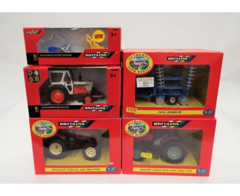 Five Britain's farm models, tractor 00225, tractor 43091A1, tractor 40511, Disc Harrow 9590 and Buck Rake and slurry scrapper