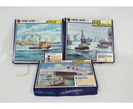 Three Minic ships, boxed harbour sets, Diecast by Hornby, scale 1:1200 Ocean terminal set, fleet anchorage and quayside  