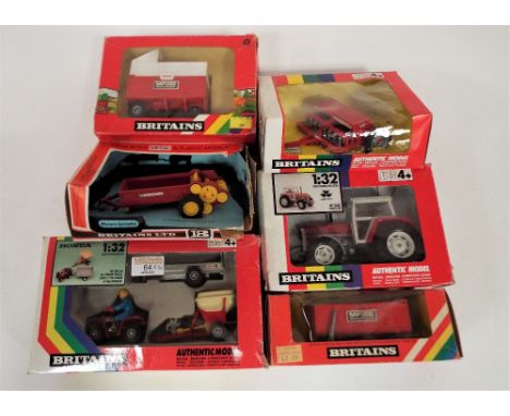 Six Britain's 1:32 scale farm models, all terrain vehicle 9431, seed drill 9577, Massey Ferguson tractor 9501, MF200 trailer 