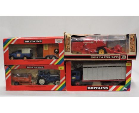 Four boxed Britain's farm models, tractor and slurry spreader, Landrover and horse box, combine harvester and animal transpor