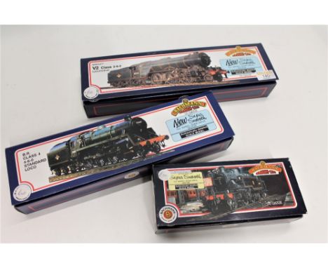 Three boxed 00 gauge Bachmann locomotives, Gresley V2 class 2-6-2, BR standard loco class 4 4-6-0 and Ivatt class 2 2-6-2 T