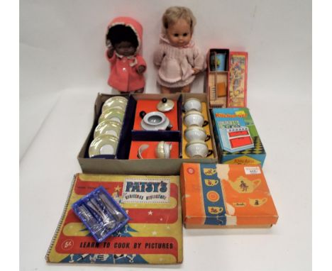 Mixed collection of vintage children's toys, two china dolls tea sets, kitchen set, cleaning set and learn to cook by numbers