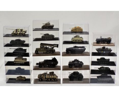 21 scale model military vehicles in display cases, tanks, rocket launcher, anti aircraft gun and troop carriers  