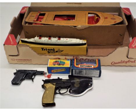 Collection of vintage toys, boxed zodiac electric speed boat by Sutcliffe models, Triang minic Diecast Queen Mary, spud gun a