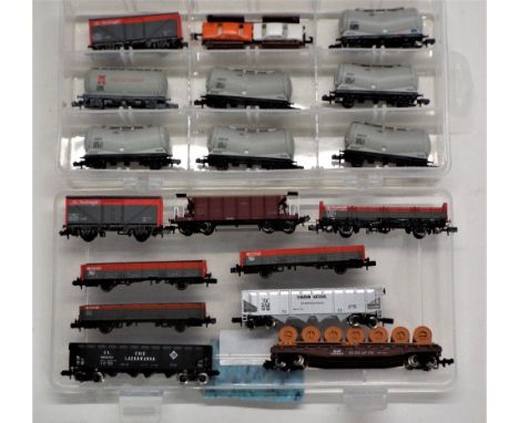 Eighteen N gauge, rolling stock tankers, open wagons, car transporter, hopper etc  
