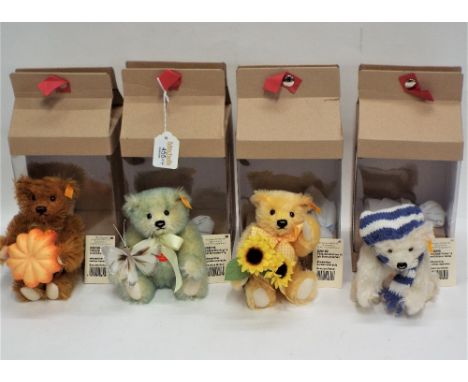 Steiff set of four seasons teddy bears, Spring 028175, green tipped mohair bear with butterfly, Summer 028182 with yellow rib