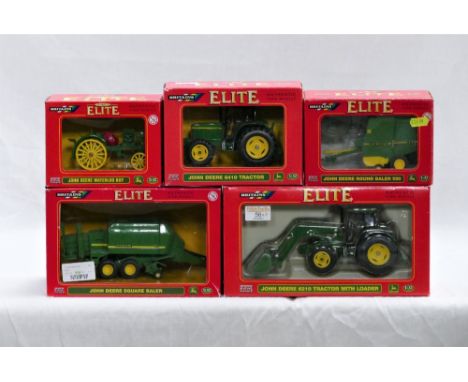 Five boxed Britain's elite farm models, John Deer tractor 00176, John Deer square baler 40532, John Deer tractor 00175, John 