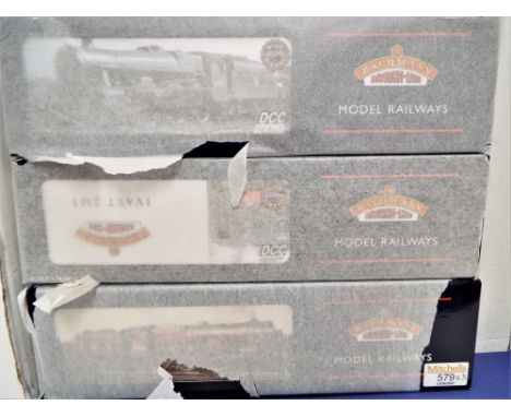 Three 00 gauge boxed Bachmann steam locomotives, still partially wrapped in original tissue paper, Jubilee class, 5593 Kolaph
