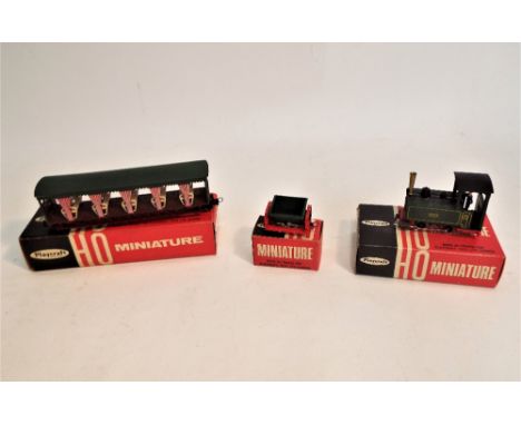 Three HO scale playcraft boxed tank locomotive, coach and tipper wagon (runs on N gauge) Jouef