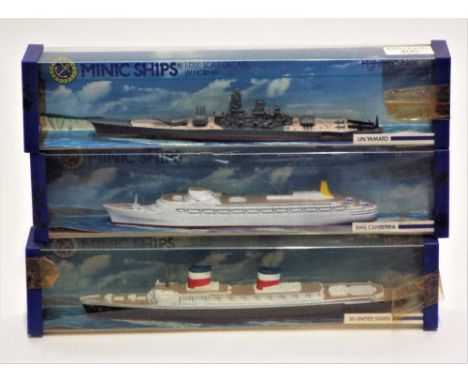 Three Minic Diecast ships by Hornby 1:1200 scale, SS United States, RMS Canborough and IJN Yamato