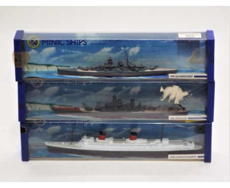 Three boxed Minic ships, 1:1200 scale, Diecast by Hornby USS Mizzouri, KM Scharnhorst, an RMS Queen Elizabeth 