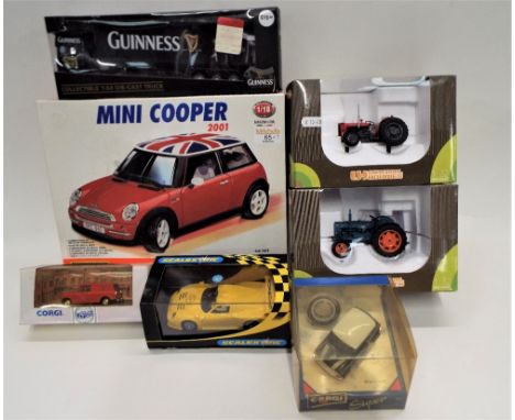 Mixed collection of diecast vehicles, Burago mini cooper, two tractors, two Corgi mini's, Guinness truck and scalextric Porsc