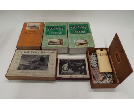 Six vintage wooden railway jigsaw puzzles, 3 boxed by Chad Valley, The Union Express and Railway series jigsaw puzzle by A V 