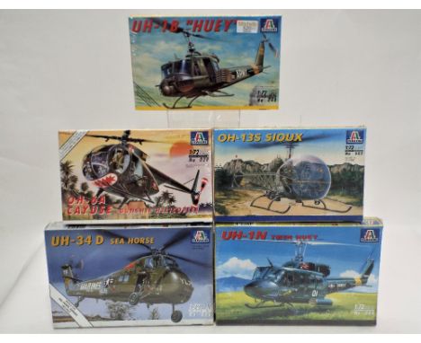 Five Italeri 1:72 scale, sealed boxed helicopter models, Huey, Cayuse, Sioux, Twin Huey and Sea Horse 