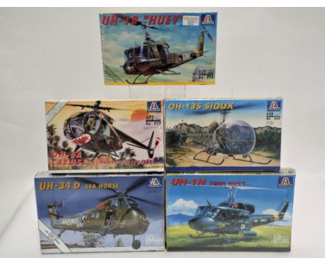 Five Italeri 1:72 scale, sealed boxed helicopter models, Huey, Cayuse, Sioux, Twin Huey and Sea Horse 