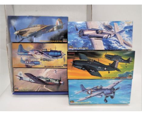 Six Hasegawa model kit aircraft, boxed, all parts in sealed bags inside, scale 1:72, Focke Wulf, Dauntless, FM1 wild cat, F4F