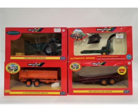 Four Britain's 1:32 scale, boxed farm models, 12 tonne bulk trailer 42131, Samson manure spreader 42080, twin axle flat bed t