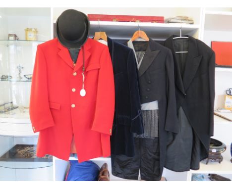 A selection of vintage clothing - including Hunting Pinks by H J Edwards of Welwyn Garden City, a Gentleman's smoking jacket 