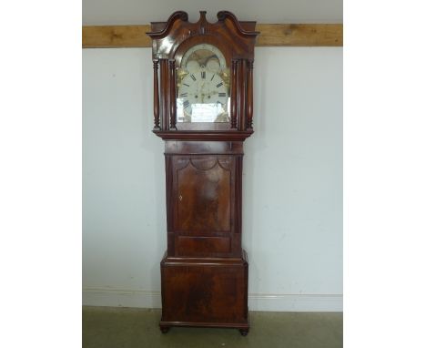 An eight day longcase clock with a painted moonroller dial with seconds hand and calendar, signed Josh Todd Banks NR NTH Meol