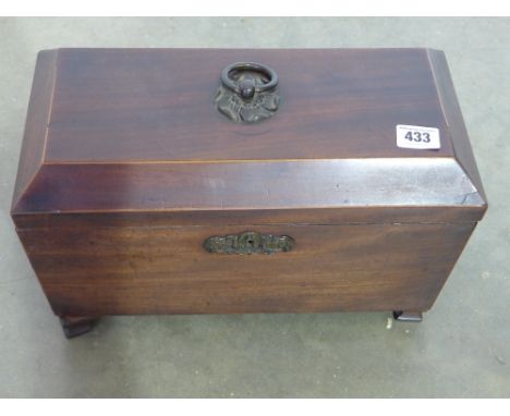 A mahogany sarcophagus shaped tea caddy with floral design handles raised on pad feet - 34.5 cm x 17.5 cm x 22 cm 