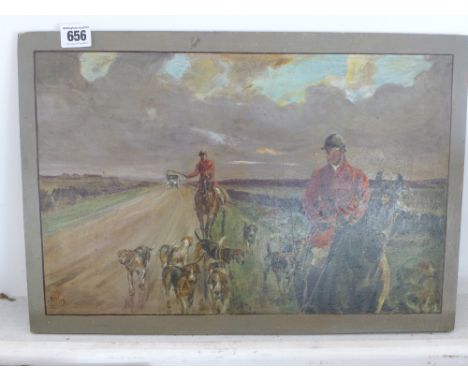R C King - oil on panel - Hunting scene, riders and hounds to foreground and car to background - Height 31 cm x Width 44.5 cm