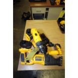 LOT OF DEWALT CORDLESS TOOLING: (1) right angle drill, (1) impact & (1) reciprocating saw, (1)