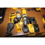 LOT OF DEWALT CORDLESS TOOLING: (1) right angle drill, (1) impact, (1) reciprocating saw, (1) light,