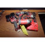 LOT OF MILWAUKEE CORDLESS TOOLING: (3) impact drills, (1) right angle drill, (2) batteries & (1)
