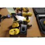 LOT OF DEWALT CORDLESS TOOLING: (1) right angle drill, (1) impact drill, both 18 v., battery