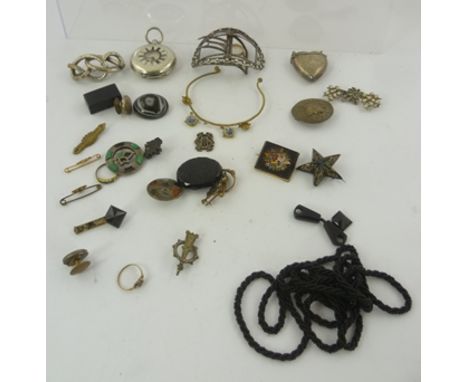 A SELECTION OF ITEMS to include; a Georgian buckle, a silver plated heart shaped vesta, micro mosaic brooch, pocket watch, pa