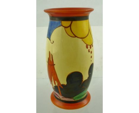 CLARICE CLIFF A FANTASQUE BIZARRE BALUSTER VASE, with flared rim and base, painted with "Summerhouse" pattern, having printed