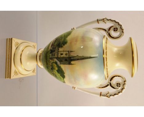 PETER PLATT A ROYAL WORCESTER PORCELAIN TWIN-HANDLED VASE painted with a scene of Holy Trinity Church, Stratford-upon-Avon, h