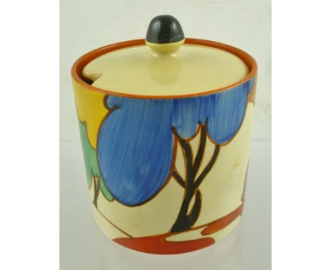 CLARICE CLIFF A "FANTASQUE BIZARRE" CYLINDRICAL PRESERVE JAR, painted in the "Blue Autumn" design, circa 1932, with factory b