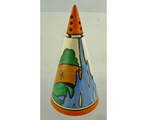 CLARICE CLIFF "FANTASQUE BIZARRE" CONICAL FORM SUGAR SIFTER, painted "Orange Roof Cottage" design, circa 1932, with factory b