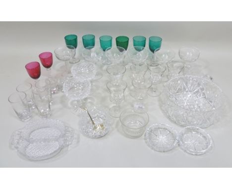 A MATCHED SET OF SIX GREEN TINTED BOWL WINES, a set of six thistle bowl WINES, a set of six hollow stem CHAMPAGNE SAUCERS, an