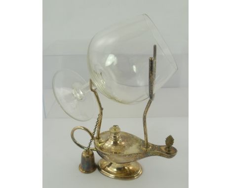 A SILVER PLATED BRANDY WARMER in the form of an "Aladdin's Lamp", with brandy glass 