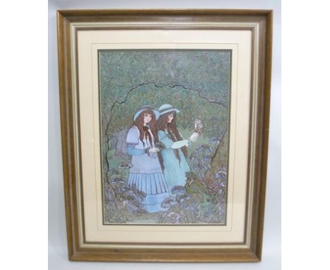 AGOUST A study of Edwardian girls in a woodland, Mixed Media, 52cm x 36cm mounted and framed 