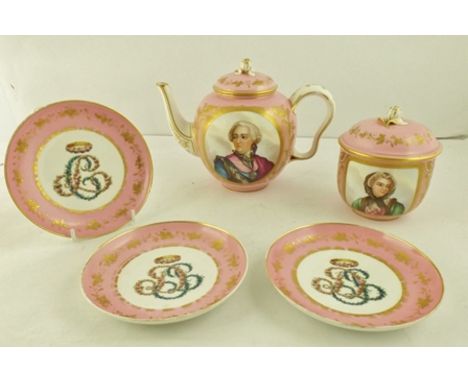 A 19TH CENTURY SEVRES TEAPOT, MILK JUG AND COVERED SUGAR BOWL, Pompadour pink ground, painted with portrait panels with gilde