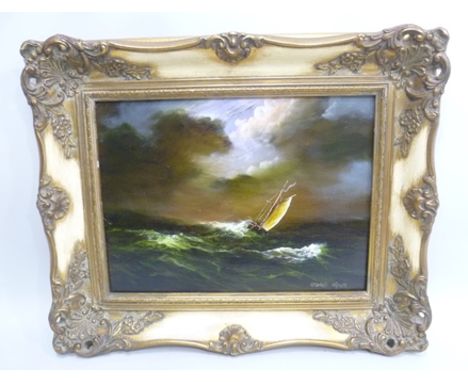 GRAHAM HODGES A yacht in stormy seas, an Oil on canvas, signed, 29cm x 39.5cm in an ornate white and gilt frame 