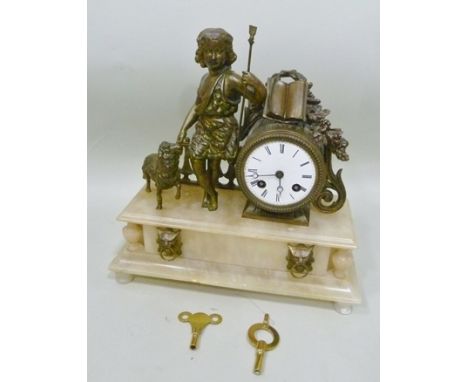 A LATE 19TH CENTURY FRENCH ALABASTER AND SPELTER MANTEL CLOCK, figurative mount depicting a young shepherd, white enamel dial