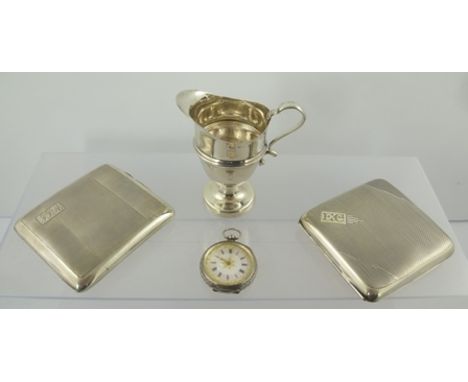A GEORGIAN DESIGN SILVER CREAM JUG, Birmingham marks rubbed, together with two engine turned SILVER CIGARETTE CASES, and a la