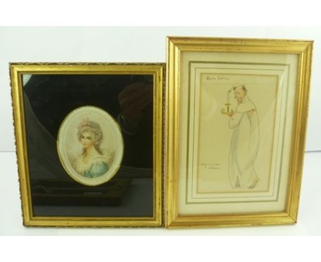 H** W** "Bon Soir - my night dress", a Watercolour Cartoon study, monogrammed and inscribed, 17cm x 11cm in gilt frame, toget