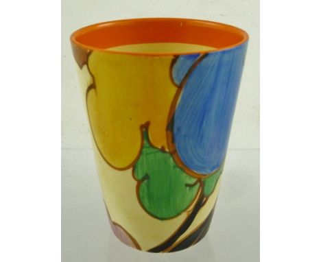 CLARICE CLIFF "FANTASQUE BIZARRE" BEAKER of tapering form, painted in the "Blue Autumn" design, circa 1932, with factory back