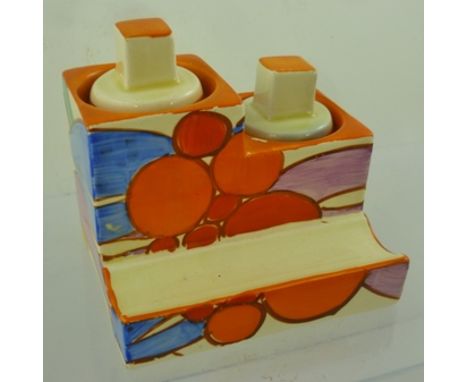 CLARICE CLIFF A FANTASQUE BIZARRE DOUBLE CUBE INKWELL with pen tray, with fitted two cube handled covers, painted with "Berri