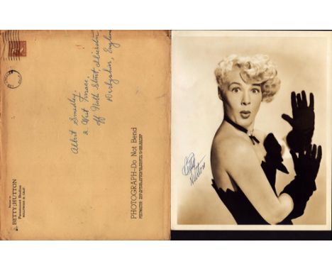Betty Hutton signed 10x8 inch vintage sepia photo with Paramount Studios Los Angeles mailing envelope. Good condition Est.