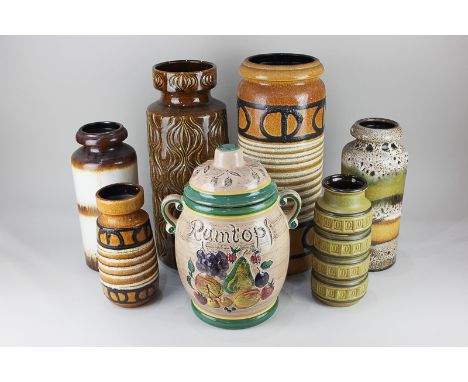 Six mid 20th century West German pottery vases in various colours, patterns and sizes, largest 42.5cm high, together with a R